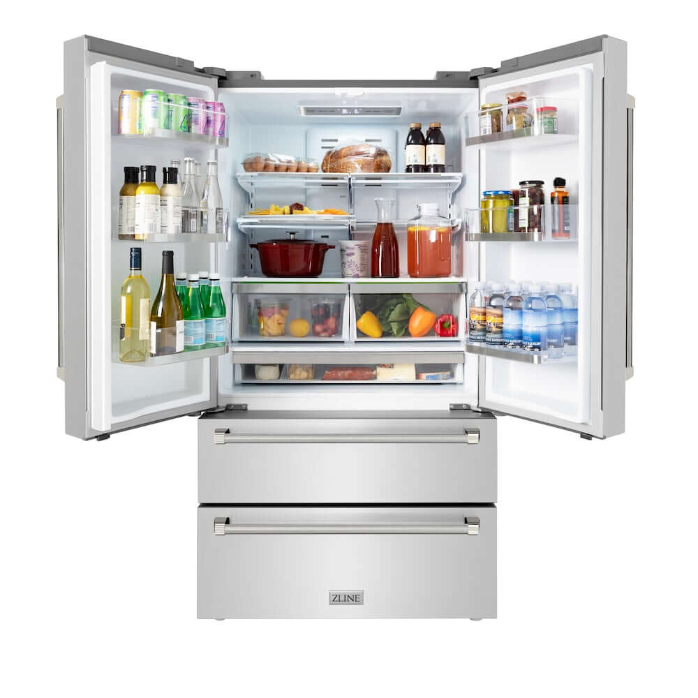 ZLINE Autograph Edition 36 in. 22.5 cu. ft. Counter-Depth French Door Refrigerator with Ice Maker in Fingerprint-Resistant Stainless Steel and Polished Nickel Helix Handles (RFMZ-36-KPN) front, refrigeration compartment open with various food and drink items on shelves and in door storage bins.