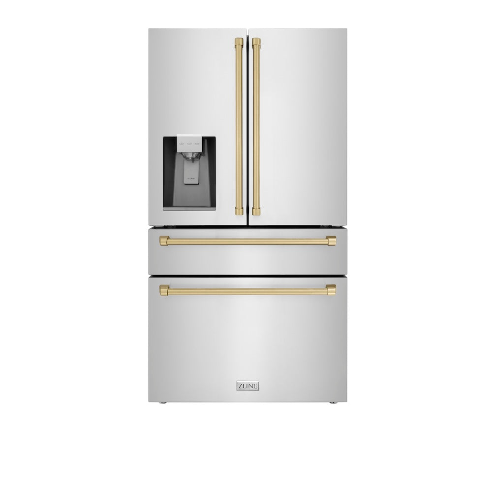 ZLINE Autograph Edition 36 in. 21.6 cu. ft 4-Door French Door Refrigerator with Water and Ice Dispenser in Fingerprint Resistant Stainless Steel with Champagne Bronze Traditional Handles (RFMZ-W-36-CB)