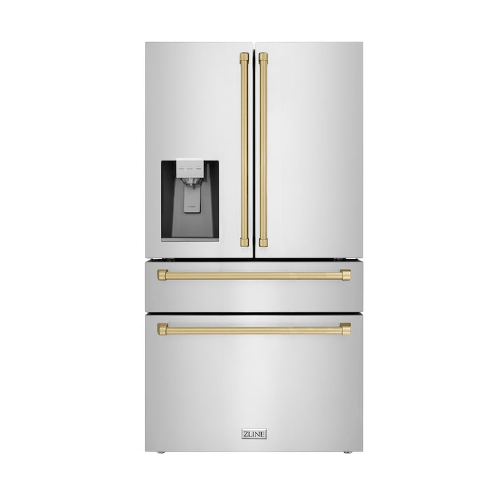 ZLINE Autograph Edition 36 in. 21.6 cu. ft. Counter-Depth French Door Refrigerator with Water and Ice Dispenser in Fingerprint-Resistant Stainless Steel with Champagne Bronze Traditional Handles (RFMZ-W-36-CB)