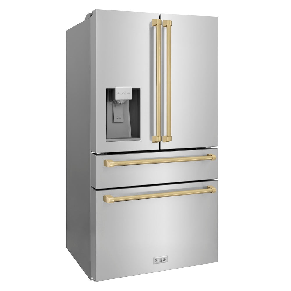 ZLINE Autograph Edition 36 in. 21.6 cu. ft 4-Door French Door Refrigerator with Water and Ice Dispenser in Fingerprint Resistant Stainless Steel with Champagne Bronze Traditional Handles (RFMZ-W-36-CB)