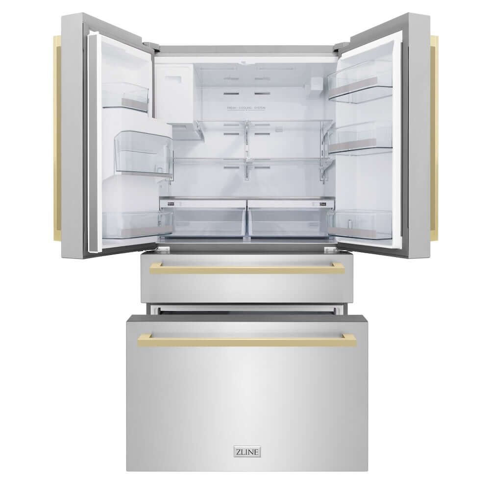 ZLINE Autograph Edition 36 in. 21.6 cu. ft 4-Door French Door Refrigerator with Water and Ice Dispenser in Stainless Steel with Champagne Bronze Modern Handles (RFMZ-W-36-FCB) front, refrigeration compartment and bottom freezer open.