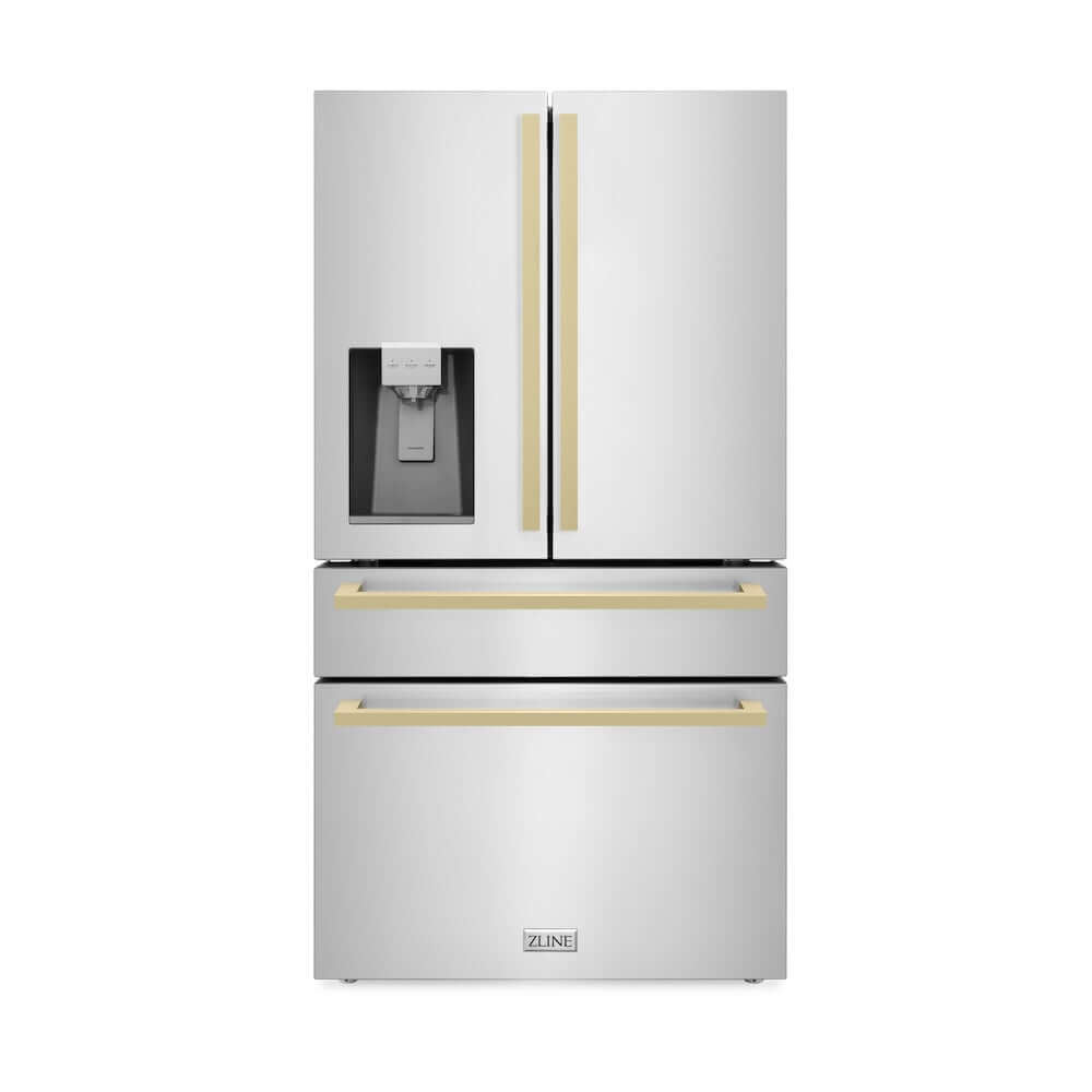 ZLINE Autograph Edition 36 in. 21.6 cu. ft. Counter-Depth French Door Refrigerator with Water and Ice Dispenser in Fingerprint-Resistant Stainless Steel with Champagne Bronze Modern Handles (RFMZ-W-36-FCB) main image.