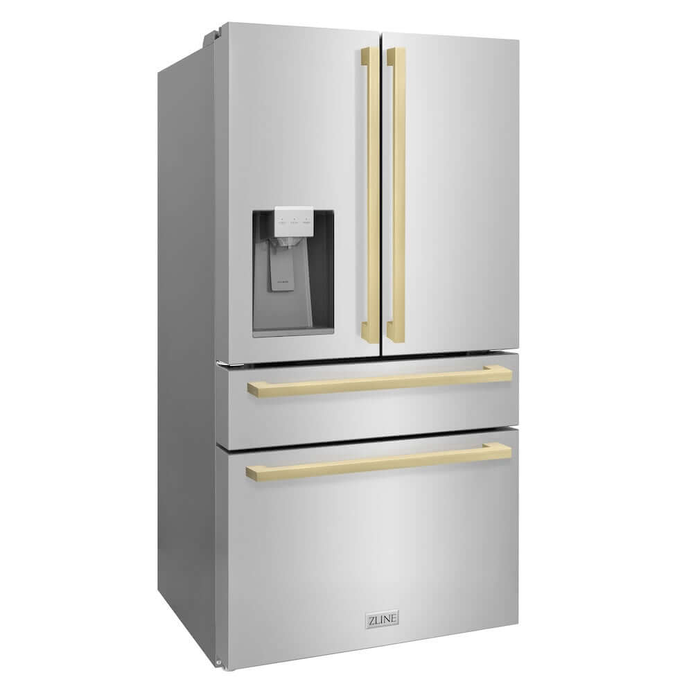 ZLINE Autograph Edition 36 in. 21.6 cu. ft 4-Door French Door Refrigerator with Water and Ice Dispenser in Stainless Steel with Champagne Bronze Modern Handles (RFMZ-W-36-FCB) side, closed.