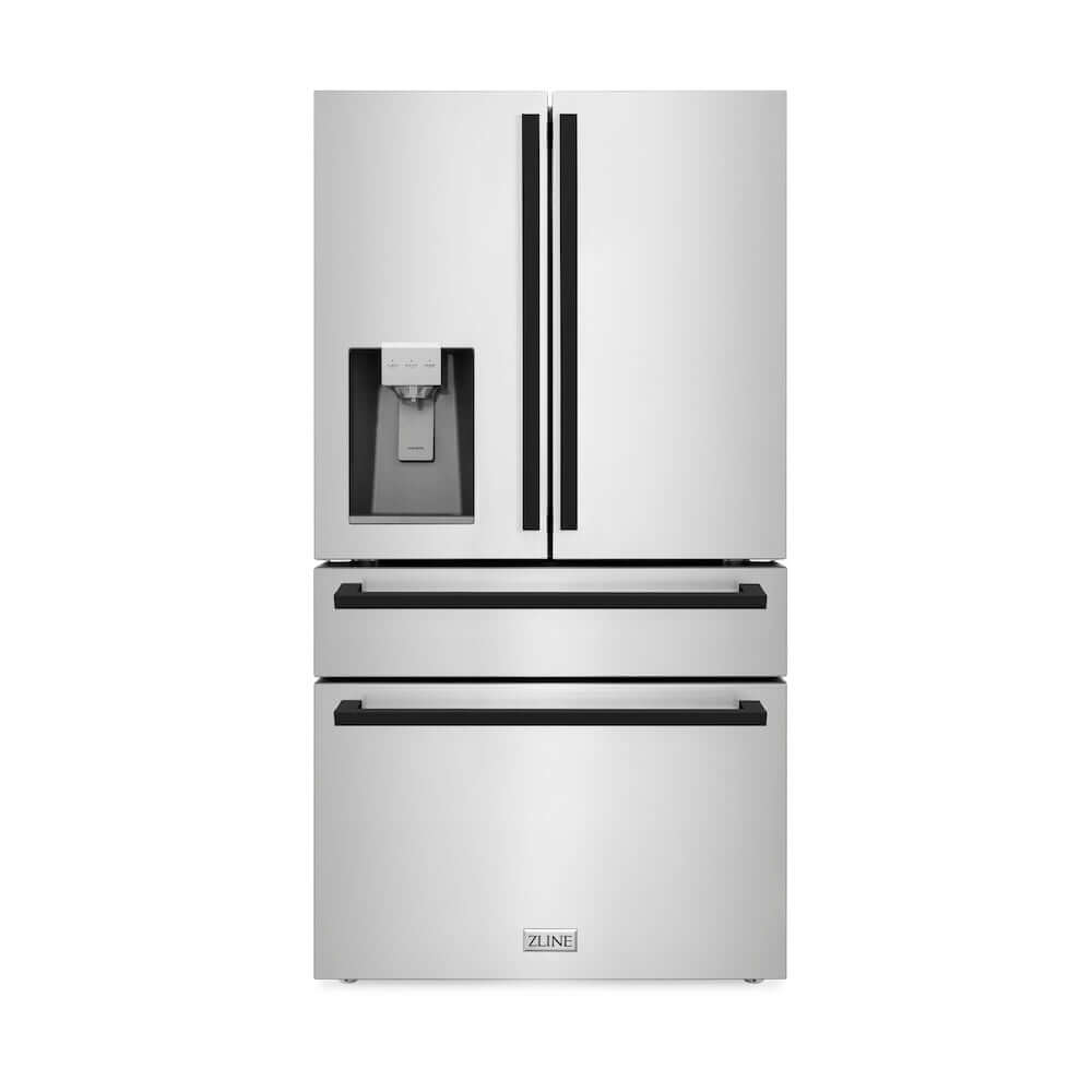 ZLINE Autograph Edition 36 in. 21.6 cu. ft. Counter-Depth French Door Refrigerator with Water and Ice Dispenser in Fingerprint-Resistant Stainless Steel with Matte Black Modern Handles (RFMZ-W-36-FMB) main image.