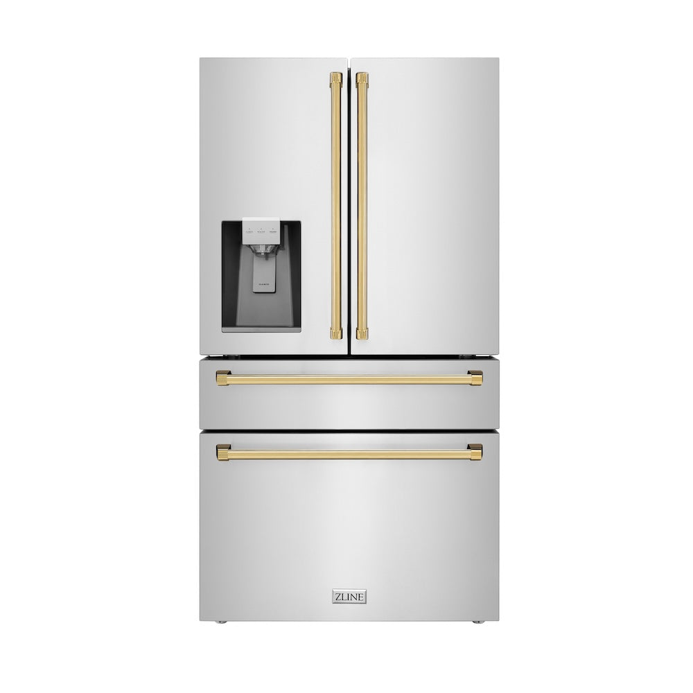 ZLINE 36 in. Autograph Edition 21.6 cu. ft 4-Door French Door Refrigerator with Water and Ice Dispenser in Fingerprint Resistant Stainless Steel with Polished Gold Traditional Handles (RFMZ-W-36-G)