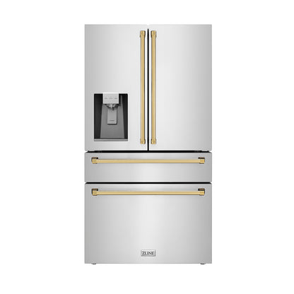ZLINE Autograph Edition 36 in. 21.6 cu. ft. Counter-Depth French Door Refrigerator with Water and Ice Dispenser in Fingerprint-Resistant Stainless Steel with Polished Gold Traditional Handles (RFMZ-W-36-G)