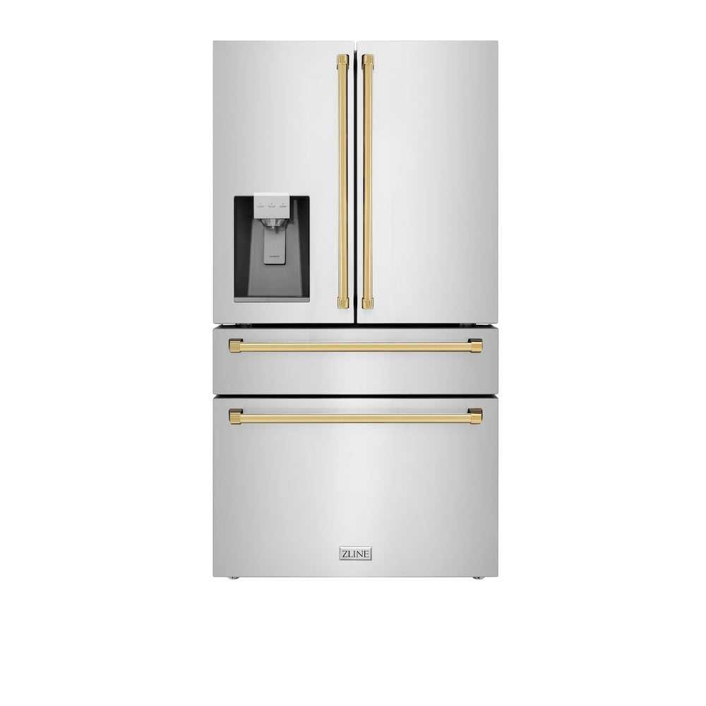 ZLINE 36 in. Autograph Edition 21.6 cu. ft 4-Door French Door Refrigerator with Water and Ice Dispenser in Fingerprint Resistant Stainless Steel with Polished Gold Traditional Handles (RFMZ-W-36-G)