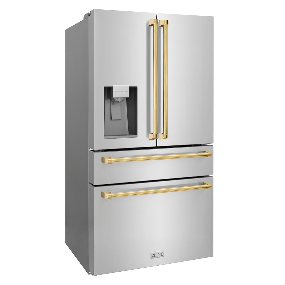 ZLINE Autograph Edition 36 in. 21.6 cu. ft 4-Door French Door Refrigerator with Water and Ice Dispenser in Fingerprint Resistant Stainless Steel with Polished Gold Traditional Handles (RFMZ-W-36-G)