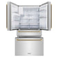 ZLINE Autograph Edition 36 in. 21.6 cu. ft. Counter-Depth French Door Refrigerator with Water and Ice Dispenser in Fingerprint-Resistant Stainless Steel with Champagne Bronze Helix Handles (RFMZ-W-36-KCB) front, refrigeration compartment and bottom freezer drawers open.