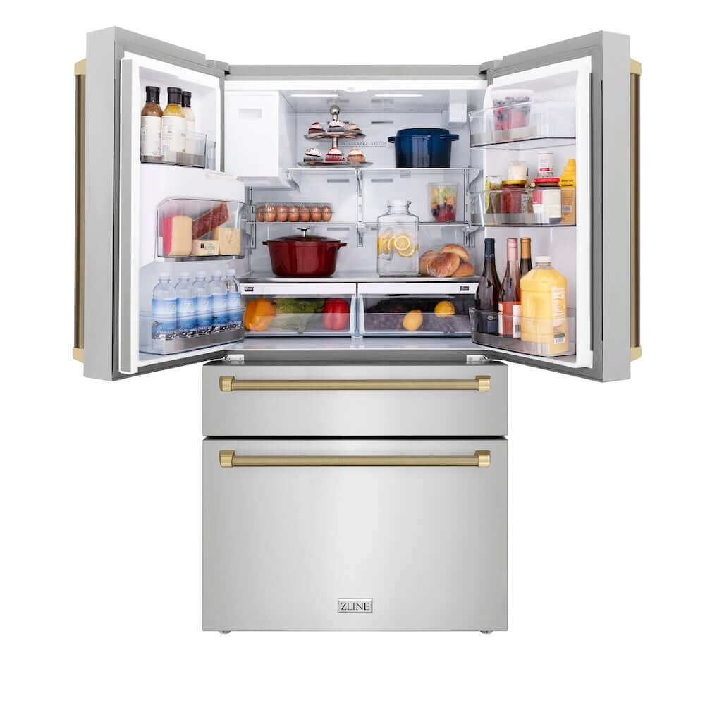 ZLINE Autograph Edition 36 in. 21.6 cu. ft. Counter-Depth French Door Refrigerator with Water and Ice Dispenser in Fingerprint-Resistant Stainless Steel with Champagne Bronze Helix Handles (RFMZ-W-36-KCB) front, refrigeration compartment open with various food and drink items on shelves and in door storage bins.