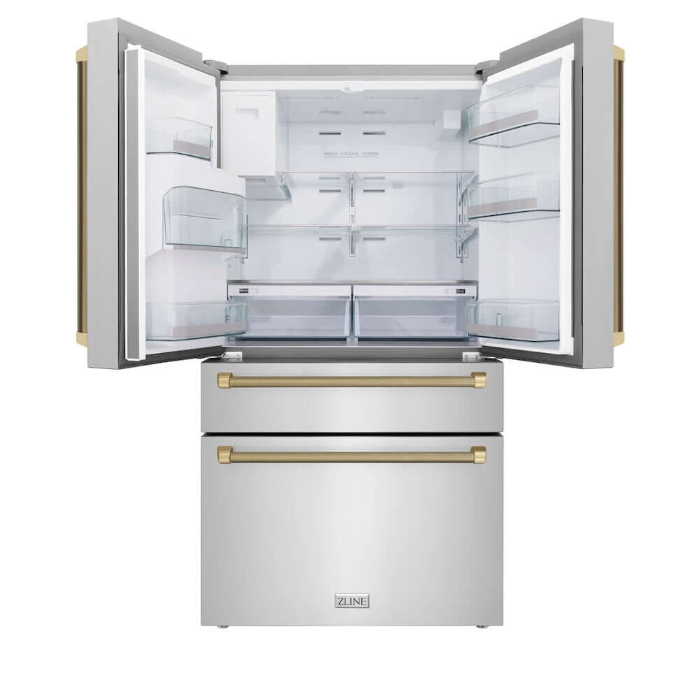 ZLINE Autograph Edition 36 in. 21.6 cu. ft. Counter-Depth French Door Refrigerator with Water and Ice Dispenser in Fingerprint-Resistant Stainless Steel with Champagne Bronze Helix Handles (RFMZ-W-36-KCB) front, open.