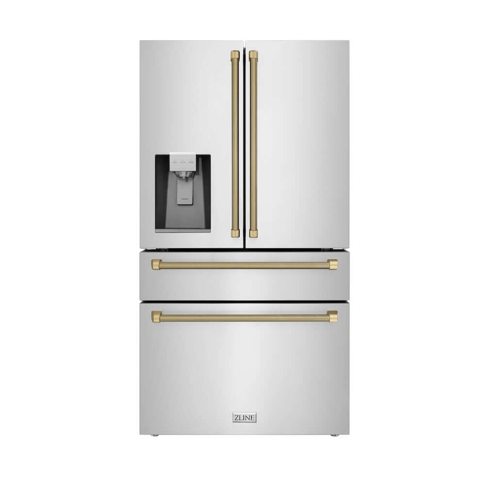 ZLINE Autograph Edition 36 in. 21.6 cu. ft. Counter-Depth French Door Refrigerator with Water and Ice Dispenser in Fingerprint-Resistant Stainless Steel with Champagne Bronze Helix Handles (RFMZ-W-36-KCB) main image.
