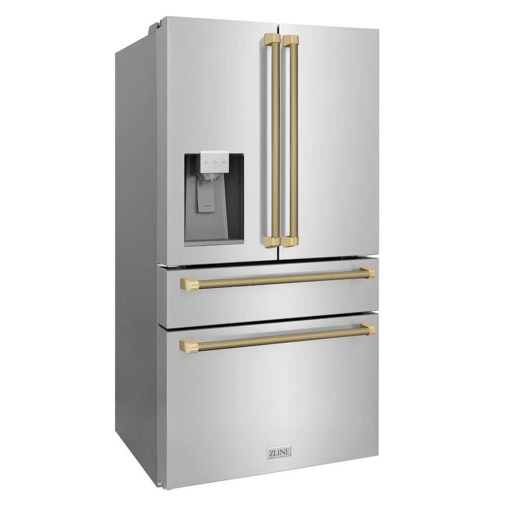 ZLINE Autograph Edition 36 in. 21.6 cu. ft. Counter-Depth French Door Refrigerator with Water and Ice Dispenser in Fingerprint-Resistant Stainless Steel with Champagne Bronze Helix Handles (RFMZ-W-36-KCB) side.