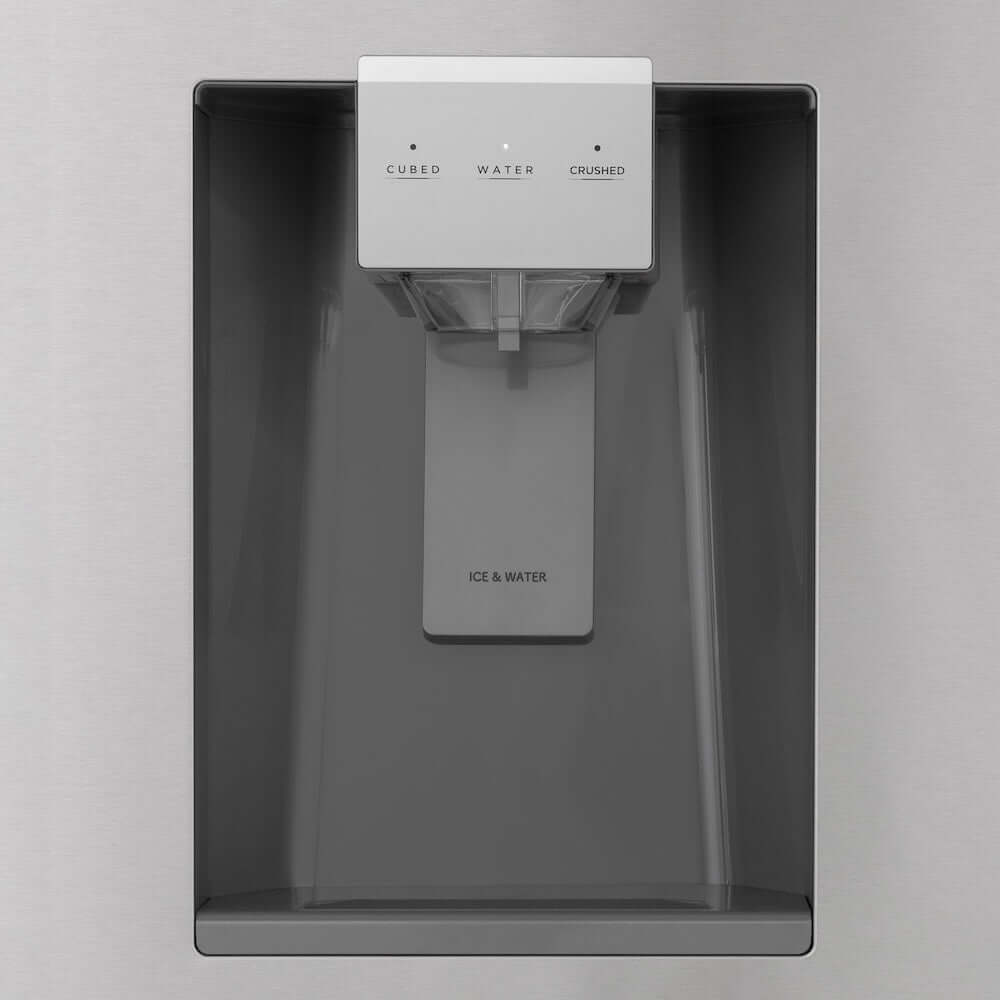 ZLINE Autograph Edition 36 in. 21.6 cu. ft. Counter-Depth French Door Refrigerator with Water and Ice Dispenser in Fingerprint-Resistant Stainless Steel with Polished Gold Helix Handles (RFMZ-W-36-KG) external water and ice dispenser.