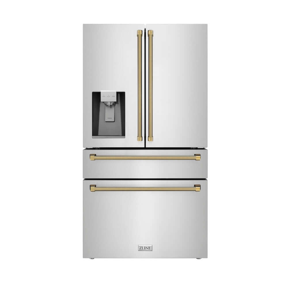 ZLINE Autograph Edition 36 in. 21.6 cu. ft. Counter-Depth French Door Refrigerator with Water and Ice Dispenser in Fingerprint-Resistant Stainless Steel with Polished Gold Helix Handles (RFMZ-W-36-KG) main image.