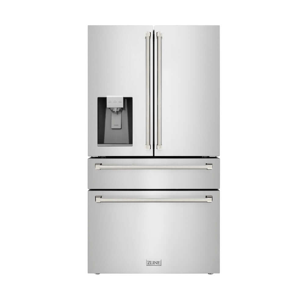 ZLINE Autograph Edition 36 in. 21.6 cu. ft. Counter-Depth French Door Refrigerator with Water and Ice Dispenser in Fingerprint-Resistant Stainless Steel with Polished Nickel Helix Handles (RFMZ-W-36-KPN) main image.