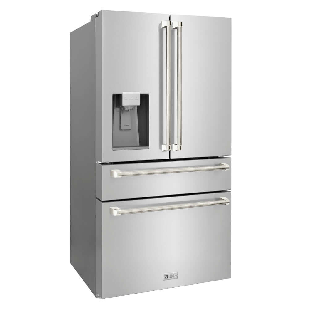 ZLINE Autograph Edition 36 in. 21.6 cu. ft. Counter-Depth French Door Refrigerator with Water and Ice Dispenser in Fingerprint-Resistant Stainless Steel with Polished Nickel Helix Handles (RFMZ-W-36-KPN) side.