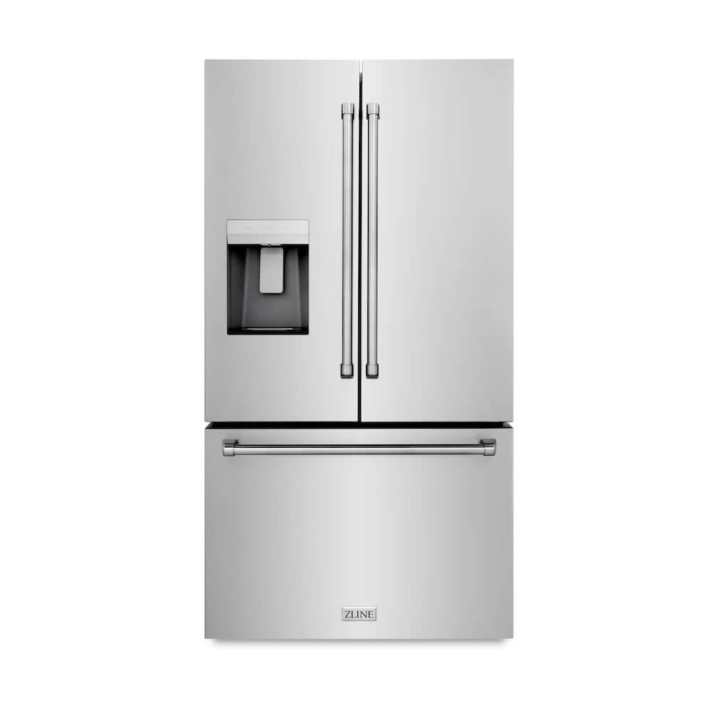 ZLINE 36 in. 28.9 cu. ft. Standard-Depth French Door External Water Dispenser Refrigerator with Dual Ice Maker in Fingerprint Resistant Stainless Steel (RSM-W-36) front, closed.