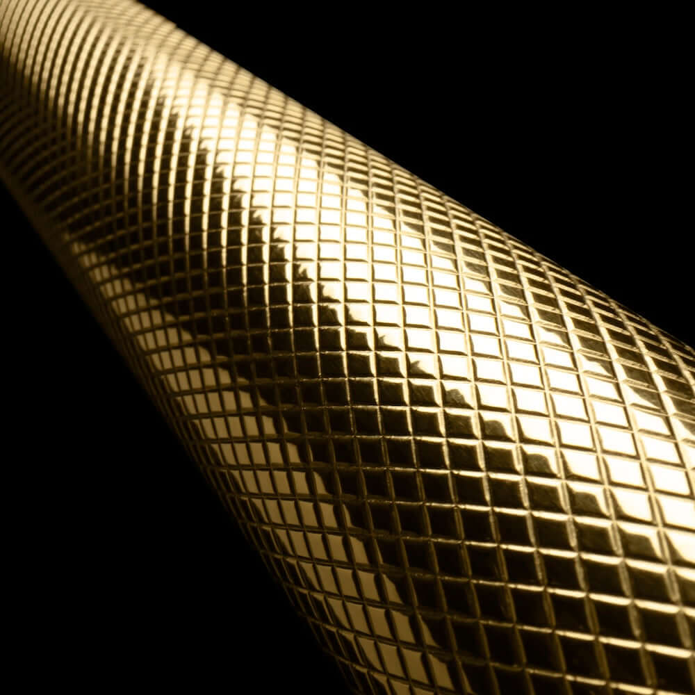 ZLINE Autograph Edition 36 in. 28.9 cu. ft. Standard-Depth French Door External Water Dispenser Refrigerator with Dual Ice Maker in Fingerprint-Resistant Stainless Steel and Polished Gold Helix Handles (RSMZ-W-36-KG) close-up of Helix handle with knurled diamond texture.