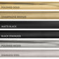 ZLINE Autograph Edition Helix handle finishes with knurled diamond texture. Top to Bottom Labeled: Polished Gold, Champagne Bronze, Matte Black, Black Stainless, Polished Nickel, and Stainless Steel.