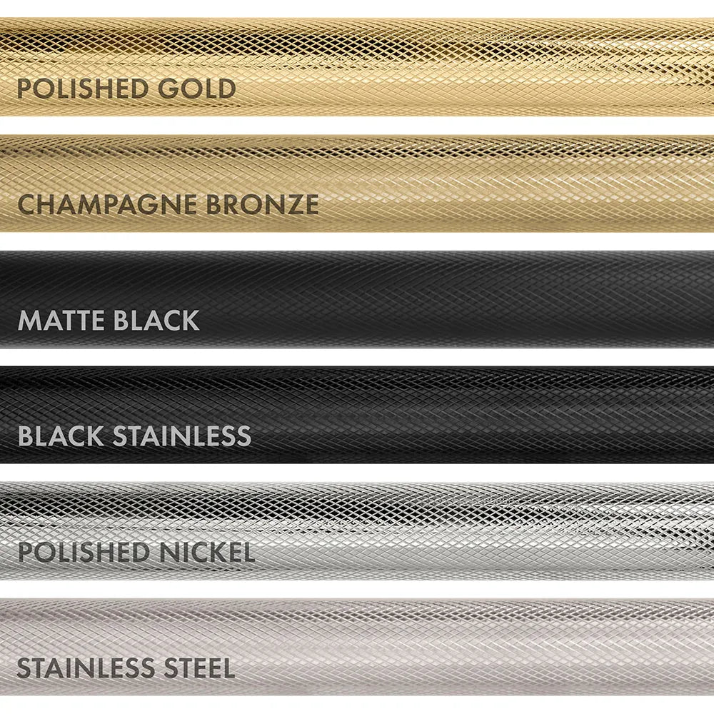 ZLINE Autograph Edition Helix handle finishes with knurled diamond texture. Top to Bottom Labeled: Polished Gold, Champagne Bronze, Matte Black, Black Stainless, Polished Nickel, and Stainless Steel.
