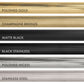 ZLINE Autograph Edition Helix handle finishes with knurled diamond texture. Top to Bottom Labeled: Polished Gold, Champagne Bronze, Matte Black, Black Stainless, Polished Nickel, and Stainless Steel.