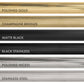 ZLINE Autograph Edition Helix handle finish comparisons showing knurled diamond texture. Top to Bottom: Polished Gold, Champagne Bronze, Matte Black, Black Stainless, Polished Nickel, and Stainless Steel.