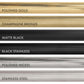 ZLINE Autograph Edition Helix handle finishes with knurled diamond texture. Top to Bottom Labeled: Polished Gold, Champagne Bronze, Matte Black, Black Stainless, Polished Nickel, and Stainless Steel.