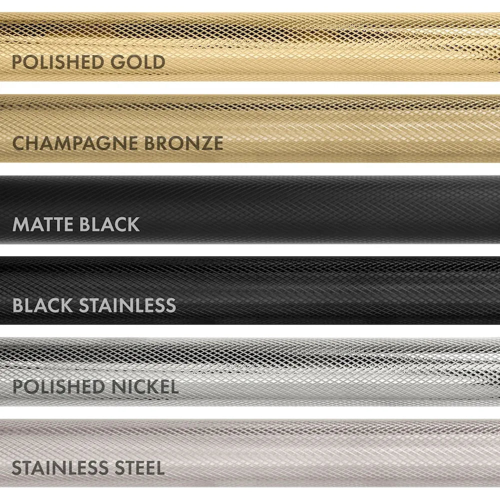 ZLINE Autograph Edition Helix handle finishes with knurled diamond texture. Top to Bottom: Polished Gold, Champagne Bronze, Matte Black, Black Stainless, Polished Nickel, and Stainless Steel.