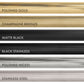 ZLINE Autograph Edition Helix handle finishes with knurled diamond texture. Top to Bottom: Polished Gold, Champagne Bronze, Matte Black, Black Stainless, Polished Nickel, and Stainless Steel.