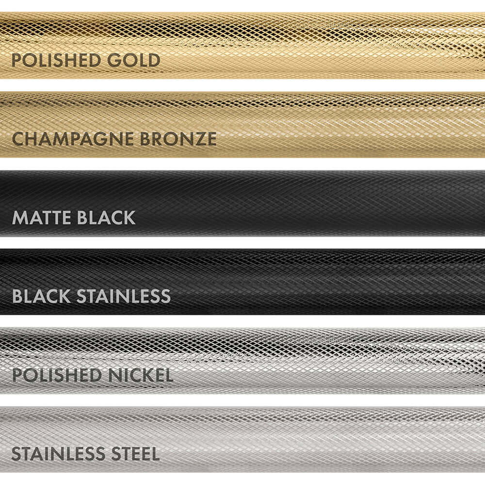 ZLINE Autograph Edition Helix handle finish comparisons showing knurled diamond texture. Top to Bottom: Polished Gold, Champagne Bronze, Matte Black, Black Stainless, Polished Nickel, and Stainless Steel.