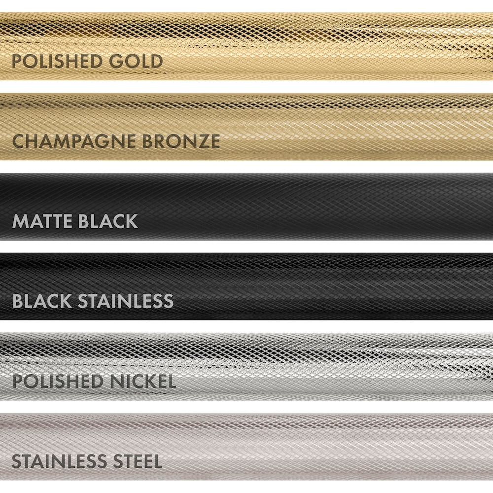 ZLINE Autograph Edition refrigerator Helix handle finishes with knurled diamond texture. Top to Bottom: Polished Gold, Champagne Bronze, Matte Black, Black Stainless, Polished Nickel, and Stainless Steel.