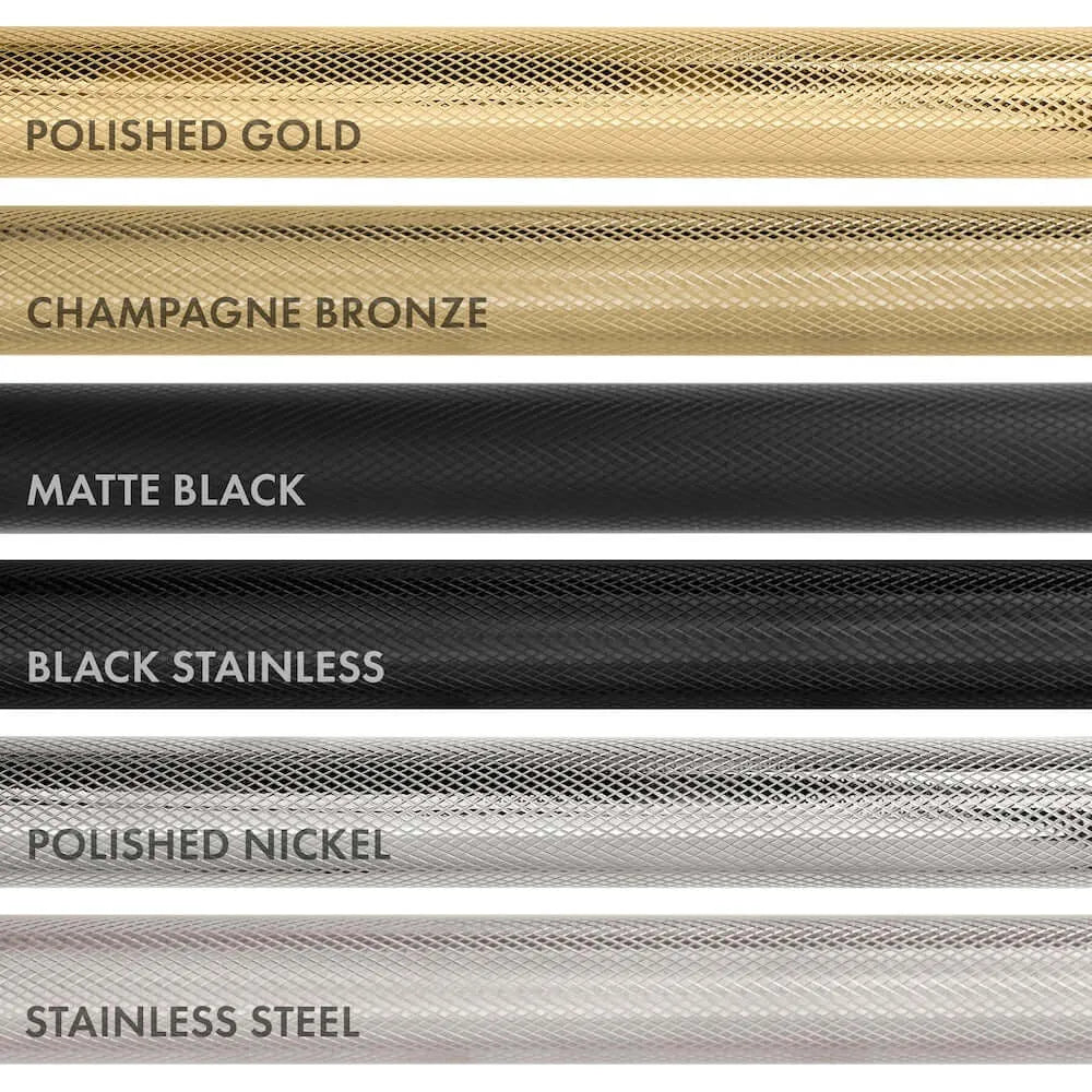 ZLINE Autograph Edition Helix handle finishes with knurled diamond texture. Top to Bottom Labeled: Polished Gold, Champagne Bronze, Matte Black, Black Stainless, Polished Nickel, and Stainless Steel.