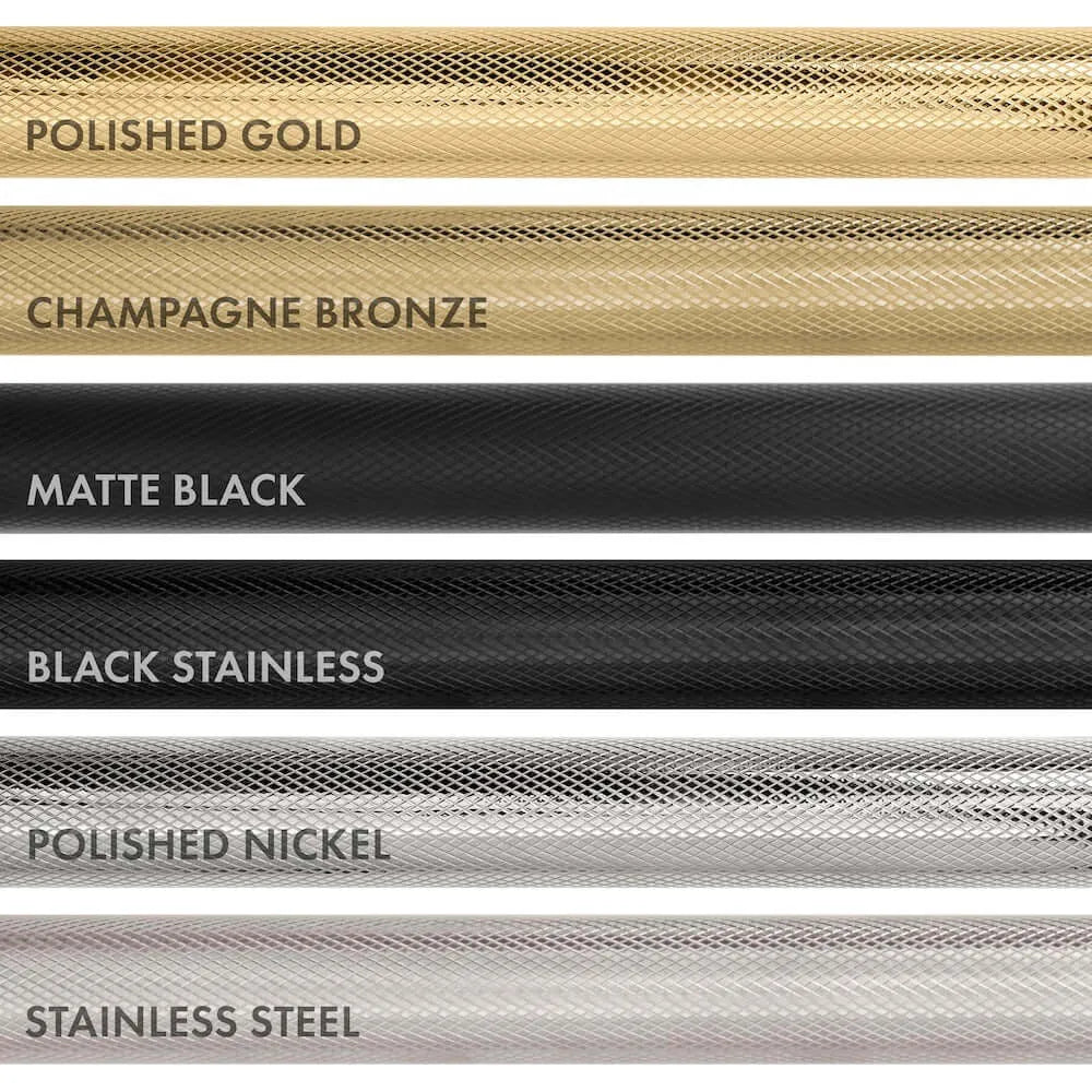 ZLINE Autograph Edition Helix handle finishes with knurled diamond texture. Top to Bottom Labeled: Polished Gold, Champagne Bronze, Matte Black, Black Stainless, Polished Nickel, and Stainless Steel.