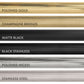 ZLINE Autograph Edition Helix handle finishes with knurled diamond texture. Top to Bottom Labeled: Polished Gold, Champagne Bronze, Matte Black, Black Stainless, Polished Nickel, and Stainless Steel.