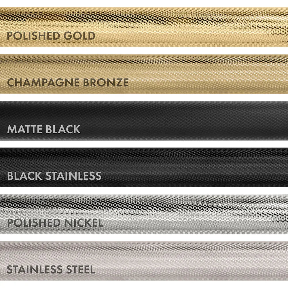 ZLINE Autograph Edition Helix handle finishes with knurled diamond texture. Top to Bottom Labeled: Polished Gold, Champagne Bronze, Matte Black, Black Stainless, Polished Nickel, and Stainless Steel.
