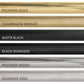 ZLINE Autograph Edition Helix handle finishes with knurled diamond texture. Top to Bottom Labeled: Polished Gold, Champagne Bronze, Matte Black, Black Stainless, Polished Nickel, and Stainless Steel.