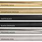 ZLINE Autograph Edition Helix handle finishes with knurled diamond texture. Top to Bottom: Polished Gold, Champagne Bronze, Matte Black, Black Stainless, Polished Nickel, and Stainless Steel.