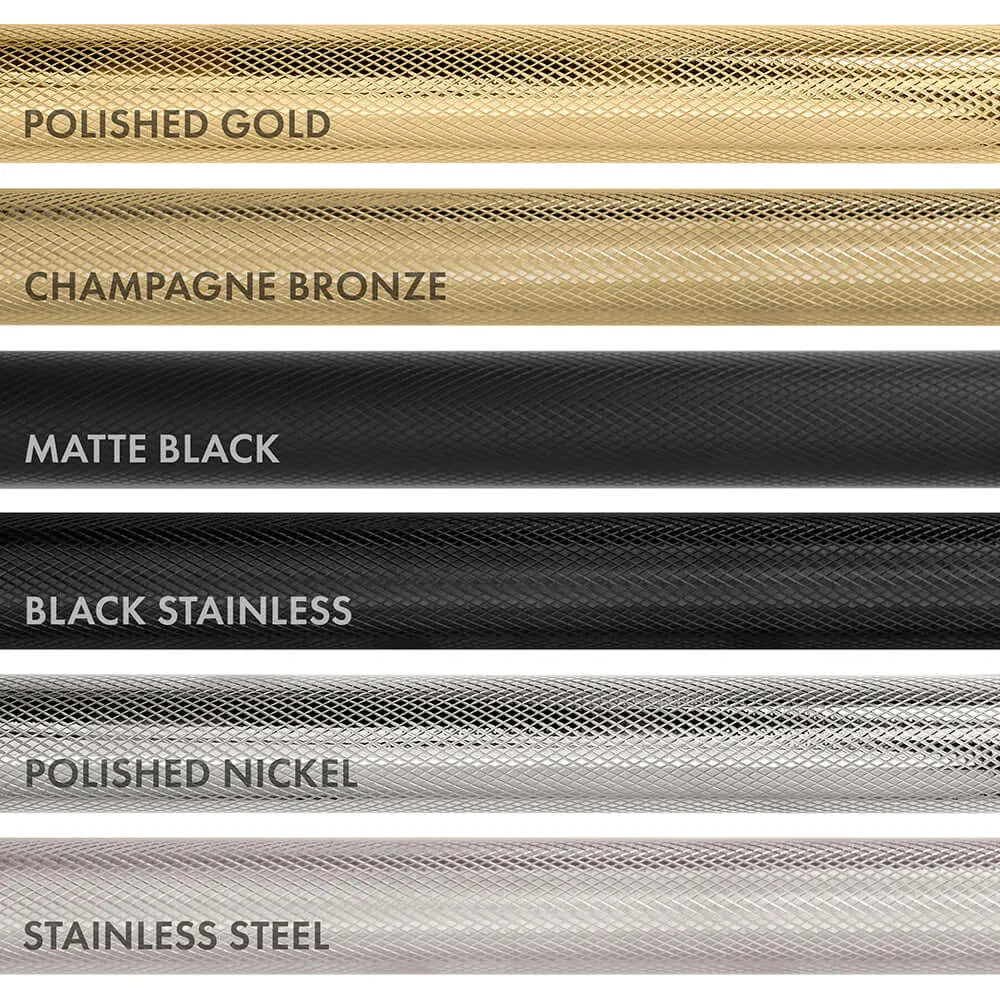 ZLINE Autograph Edition Helix handle finishes with knurled diamond texture. Top to Bottom Labeled: Polished Gold, Champagne Bronze, Matte Black, Black Stainless, Polished Nickel, and Stainless Steel.