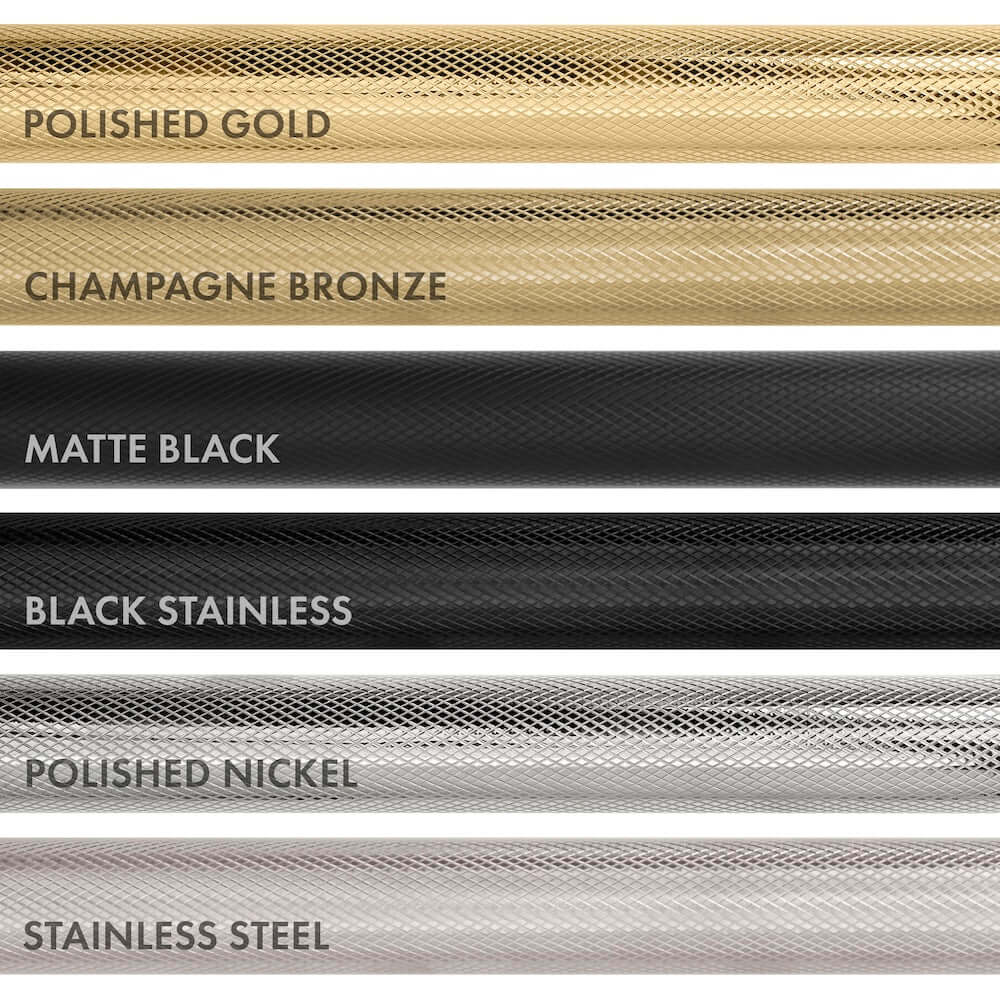 ZLINE Autograph Edition Helix handle finishes with knurled diamond texture. Top to Bottom: Polished Gold, Champagne Bronze, Matte Black, Black Stainless, Polished Nickel, and Stainless Steel.