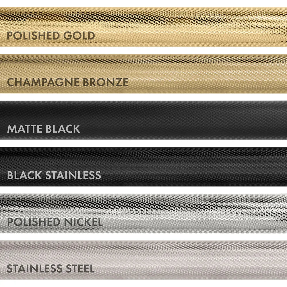 ZLINE Autograph Edition Helix handle finishes with knurled diamond texture. Top to Bottom Labeled: Polished Gold, Champagne Bronze, Matte Black, Black Stainless, Polished Nickel, and Stainless Steel.