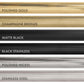 ZLINE Autograph Edition Helix handle finishes with knurled diamond texture. Top to Bottom Labeled: Polished Gold, Champagne Bronze, Matte Black, Black Stainless, Polished Nickel, and Stainless Steel.