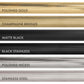 ZLINE Autograph Edition Helix handle finishes with knurled diamond texture. Top to Bottom: Polished Gold, Champagne Bronze, Matte Black, Black Stainless, Polished Nickel, and Stainless Steel.