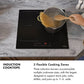 Induction Cooktops Infographic. Image: Person cooking noodles on an induction cooktop. Text: 3 Flexible Cooking Zones. Three induction burners accommodate multiple cookware sizes, with the largest designed to support stock pots, woks, skillets, and pans up to 11 in.