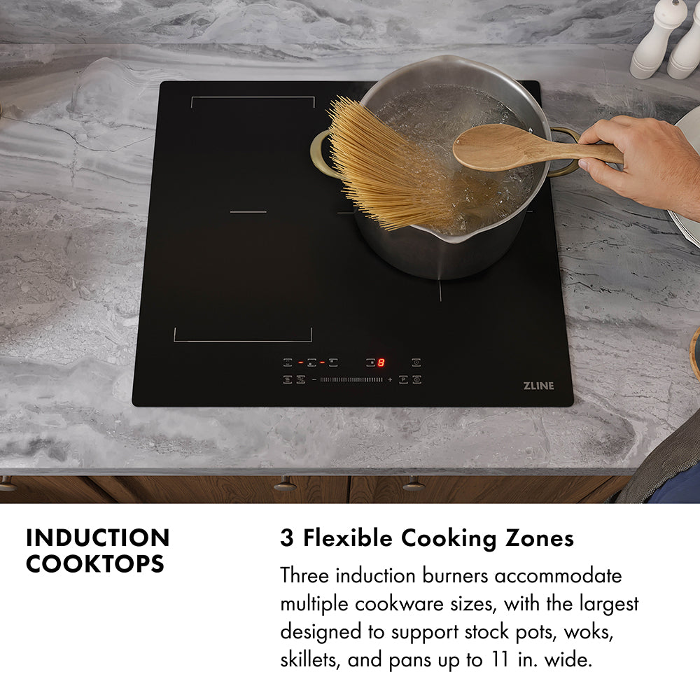 Induction Cooktops Infographic. Image: Person cooking noodles on an induction cooktop. Text: 3 Flexible Cooking Zones. Three induction burners accommodate multiple cookware sizes, with the largest designed to support stock pots, woks, skillets, and pans up to 11 in.