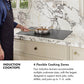 Induction Cooktops Infographic. Image: Person cooking food on an induction cooktop. Text: 4 Flexible Cooking Zones. Four induction burners accommodate multiple cookware sizes, with the largest designed to support stock pots, woks, skillets, and pans up to 11 in.
