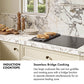 Induction Cooktops Infographic. Image: A kitchen with an induction cooktop cooking sandwiches on a skillet. Text: Seamless Bridge Cooking. Use large cookware like cast iron griddles and roasting pans with a bridge function to operate elements simultaneously for an expansive heating zone.