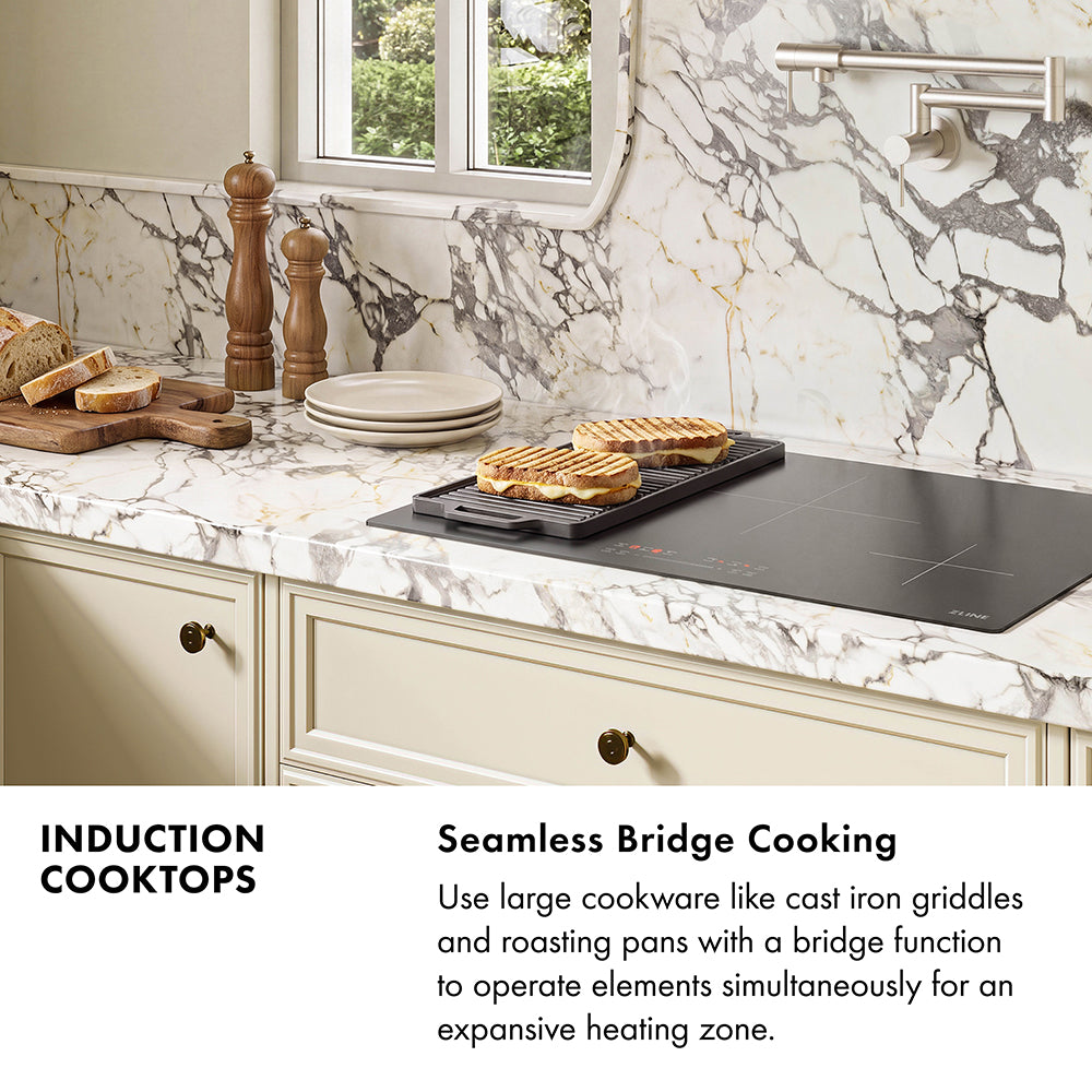 Induction Cooktops Infographic. Image: A kitchen with an induction cooktop cooking sandwiches on a skillet. Text: Seamless Bridge Cooking. Use large cookware like cast iron griddles and roasting pans with a bridge function to operate elements simultaneously for an expansive heating zone.