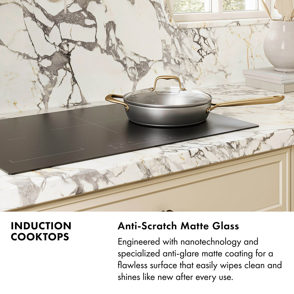 Induction Cooktops Infographic. Image: An induction cooktop set into a marble countertop with a frying pan. Text: Anti-Scratch Matte Glass. Engineered with nanotechnology and a specialized anti-glare matte coating for a flawless surface that easily wipes clean and shines like new after every use.