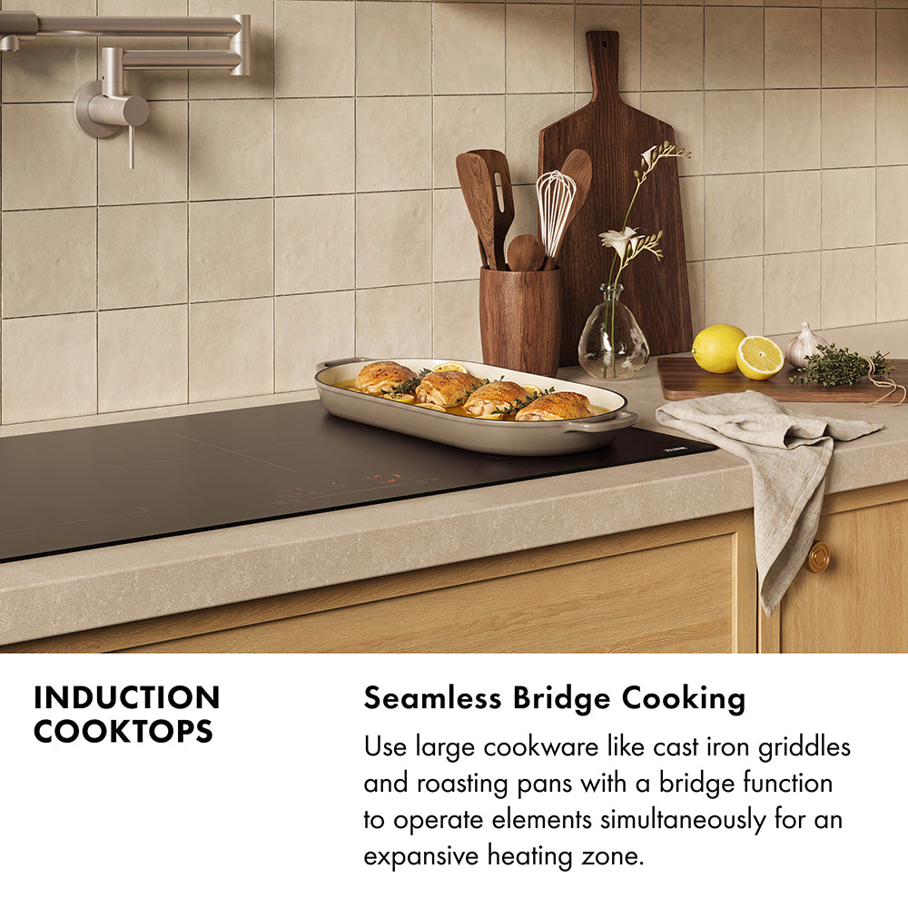 Induction Cooktops Infographic. Image: A kitchen with an induction cooktop cooking a roasting pan full of food. Text: Seamless Bridge Cooking. Use large cookware like cast iron griddles and roasting pans with a bridge function to operate elements simultaneously for an expansive heating zone.